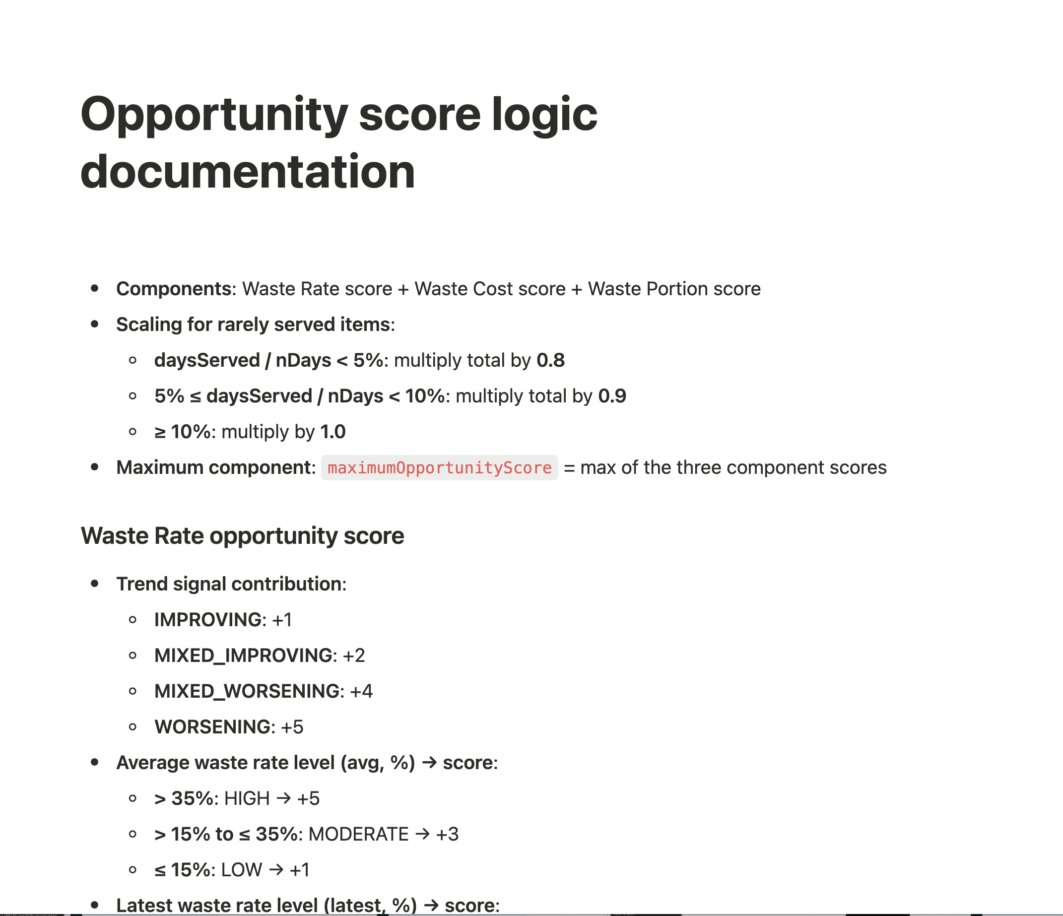 Documentation of the opportunity score logic: how waste rate, waste cost, and waste portion scores combine, with scaling rules and trend signal contributions
