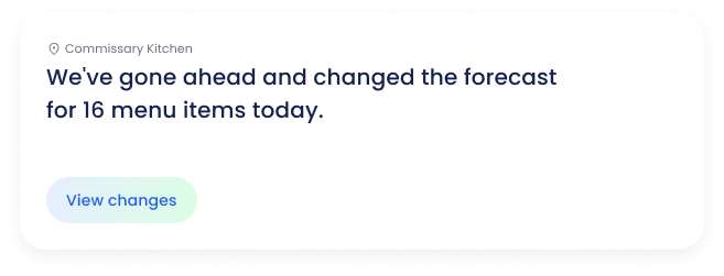 A notification card reading: We've gone ahead and changed the forecast for 16 menu items today. View changes.