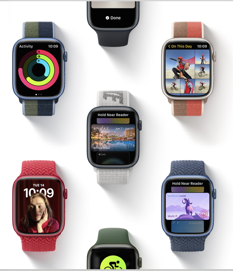 Grid of Apple Watch faces showing Activity rings, Wallet passes, and On This Day photos
