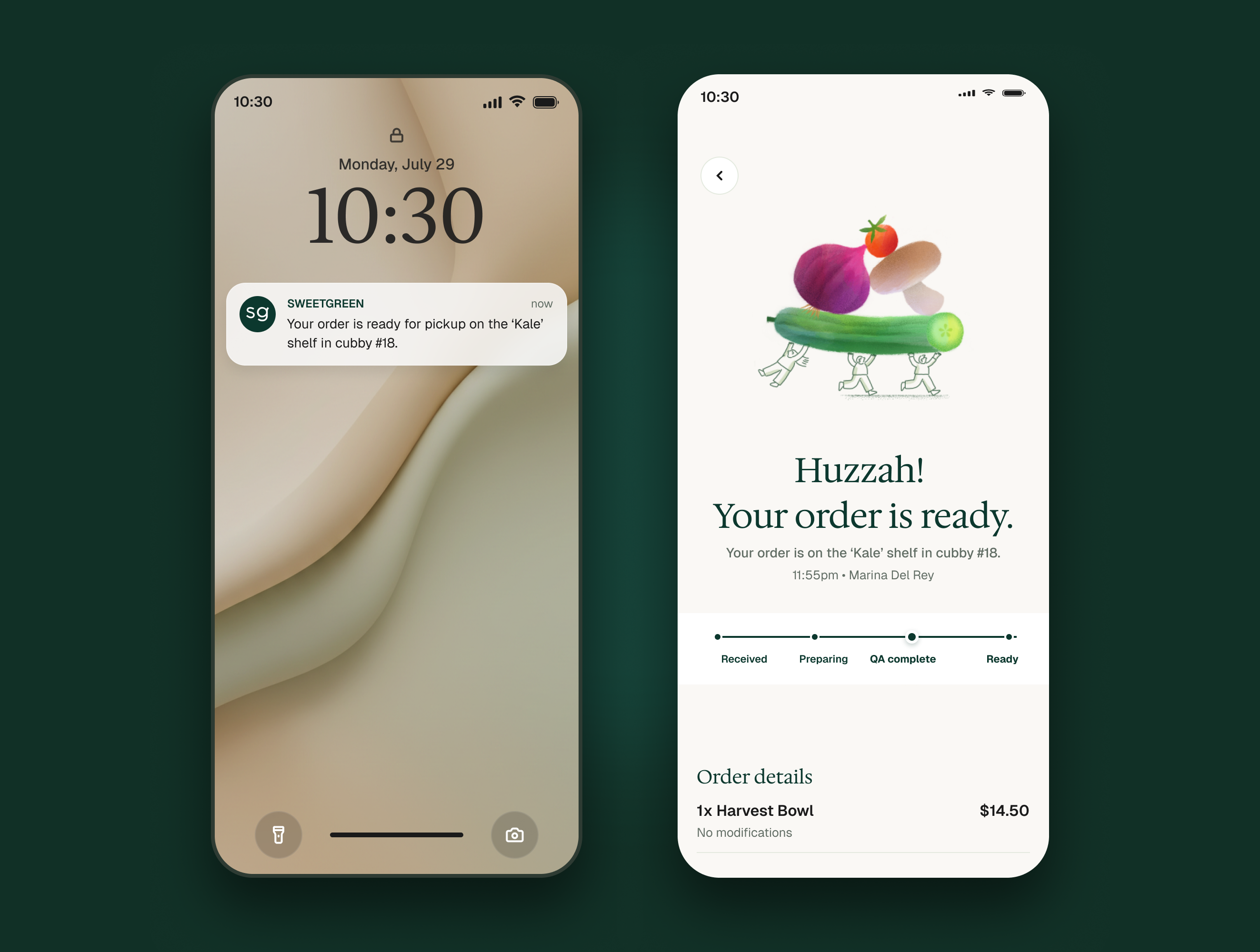 A lock-screen notification reading 'Your order is ready for pickup on the Kale shelf in cubby #18', next to the in-app order tracker showing Received, Preparing, QA complete, and Ready states