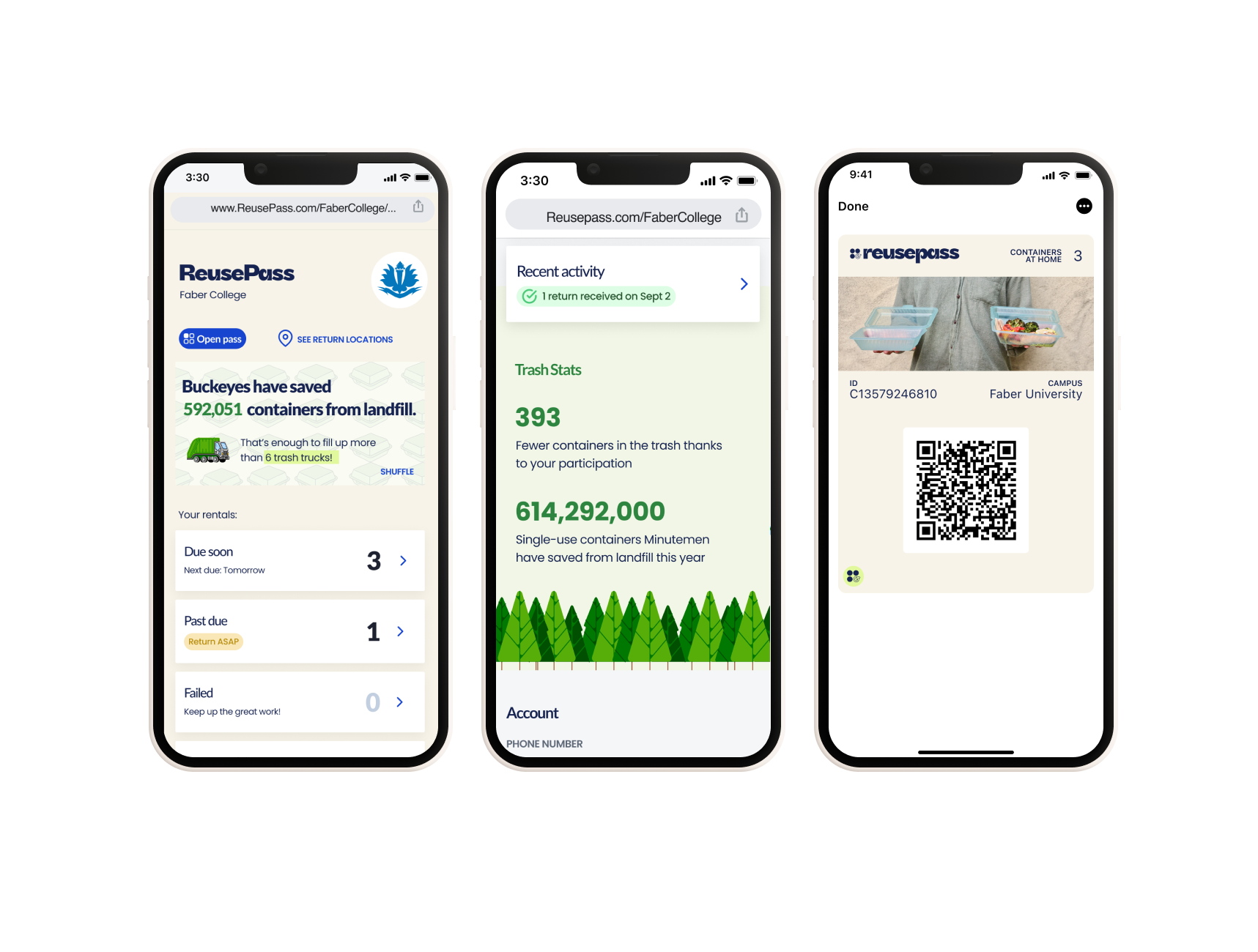 Three ReusePass screens: the campus home screen with rental status, the account activity view with impact stats, and the digital pass with QR code