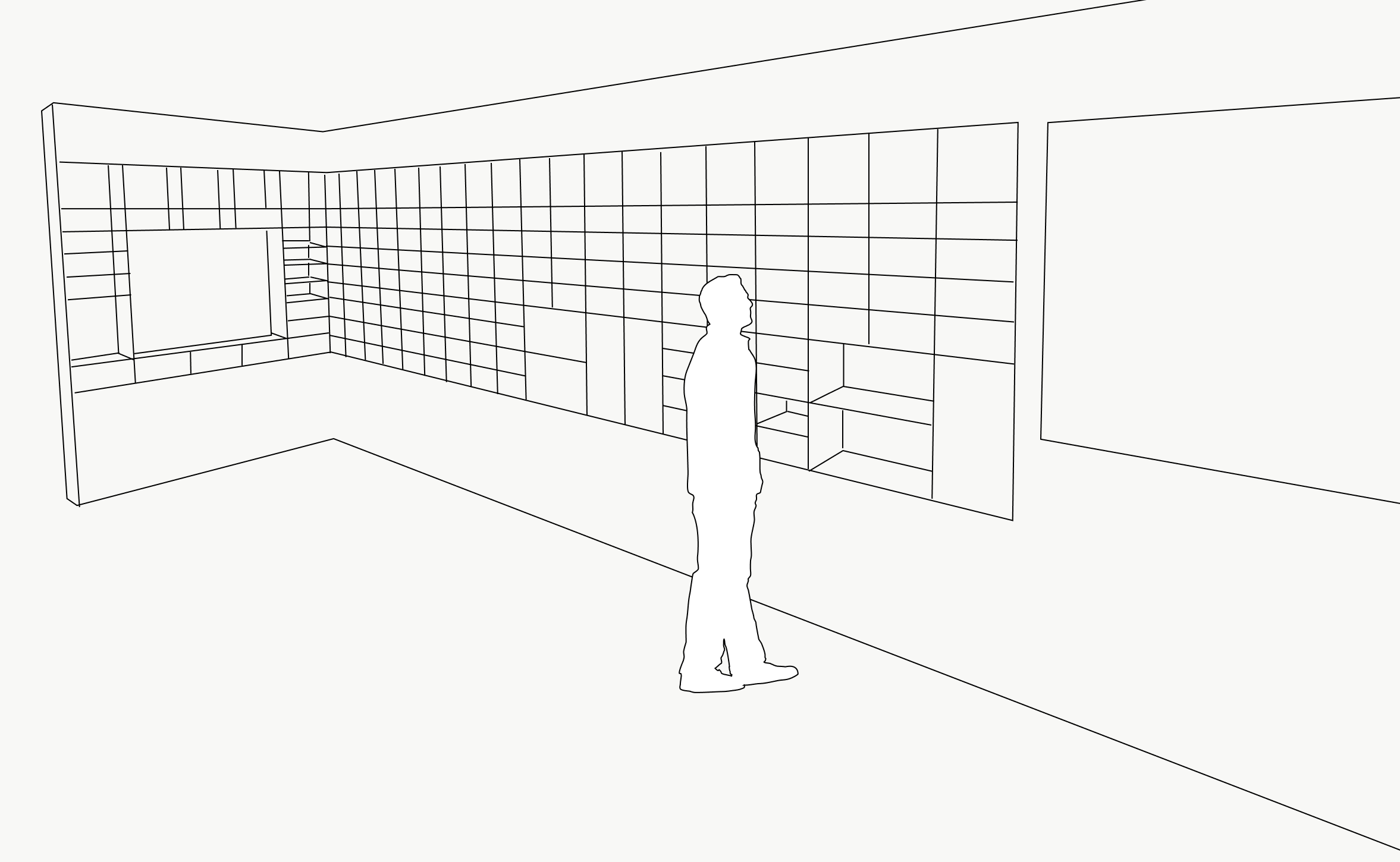3D render of the pickup cubby wall, with a customer standing in front of it