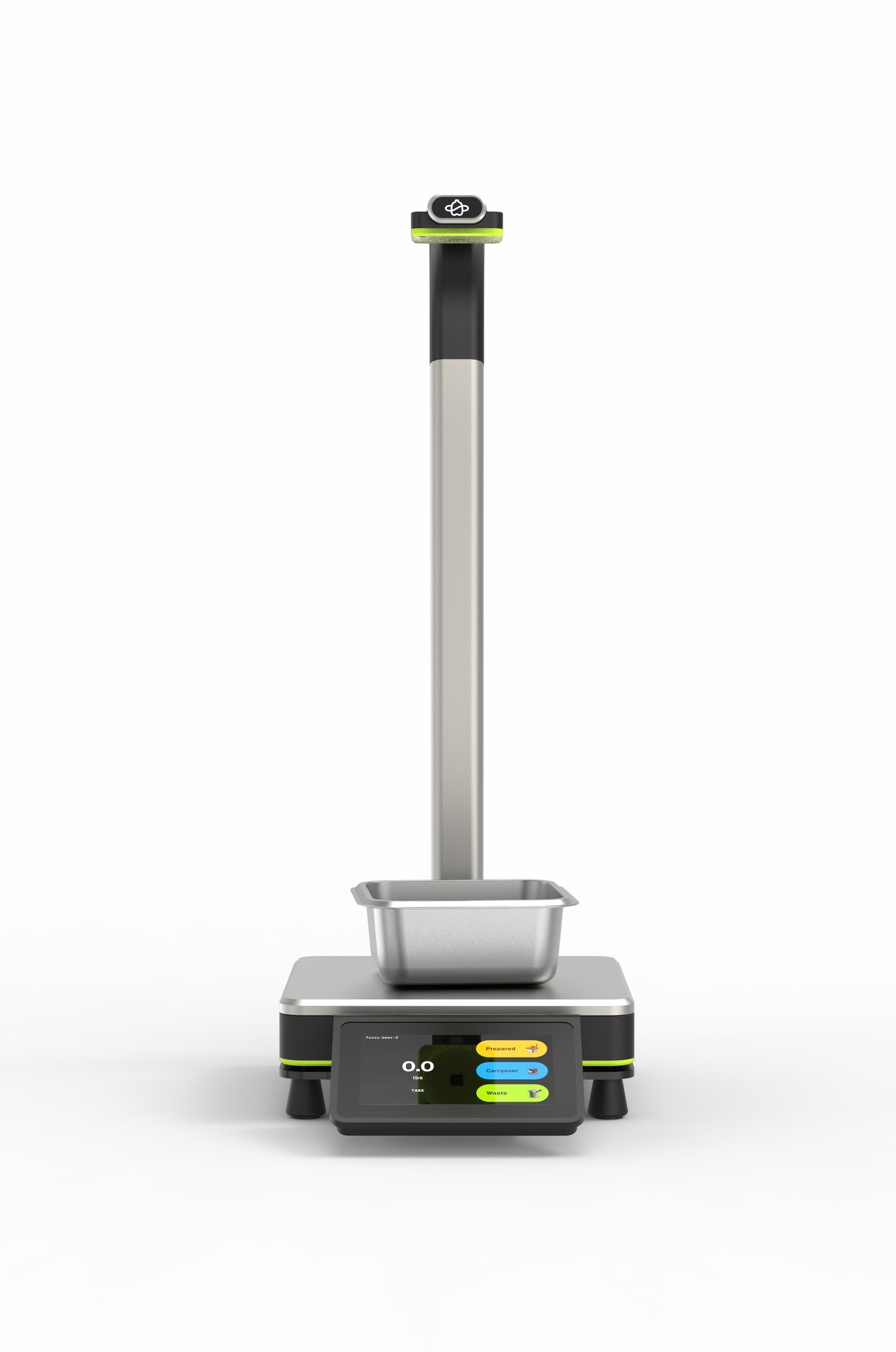 The StreamLine smart scale: a stainless pole with a camera head over a weighing platform and touchscreen
