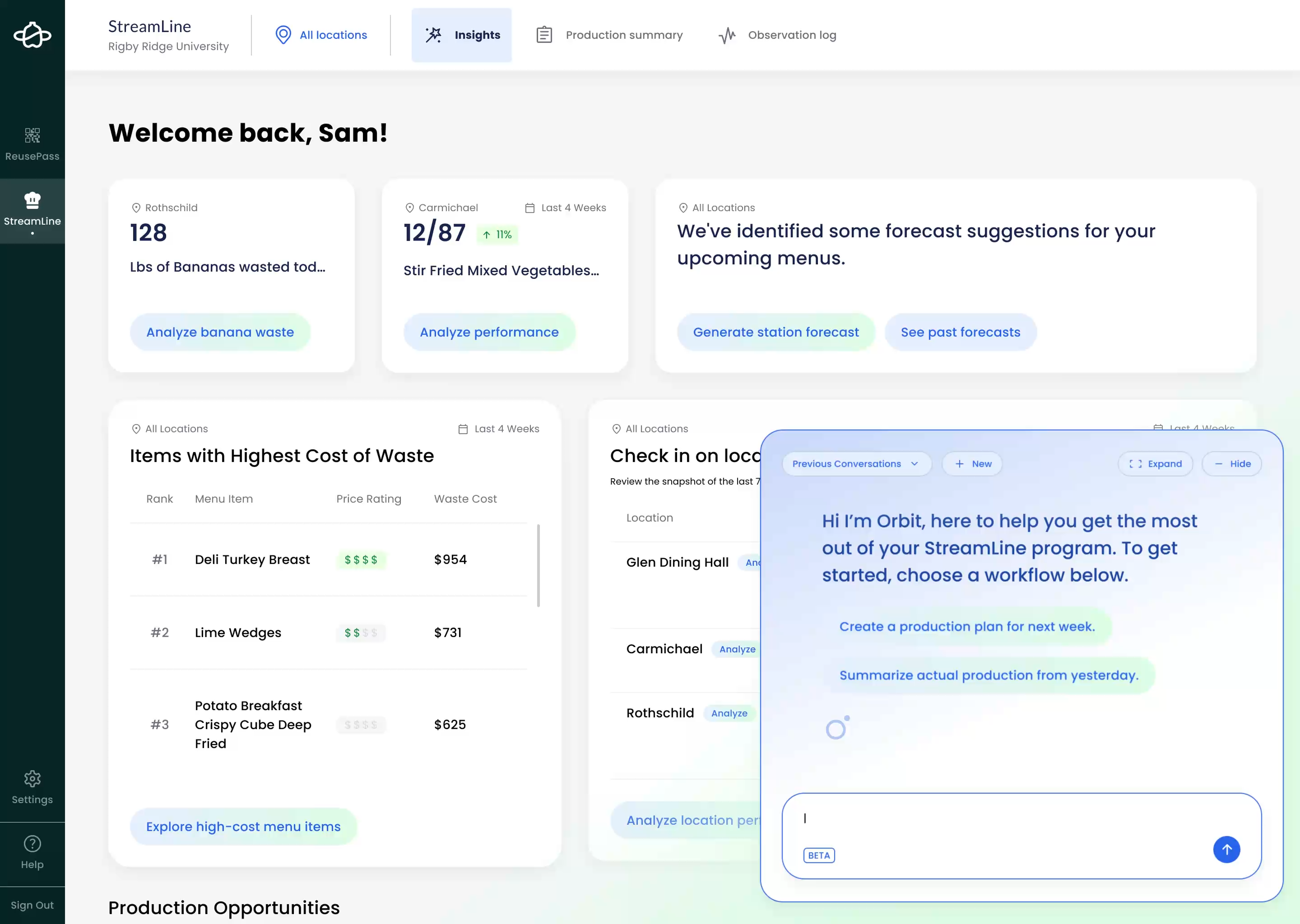 The StreamLine Insights workspace, showing forecast suggestions, location performance, and highest-cost-of-waste items