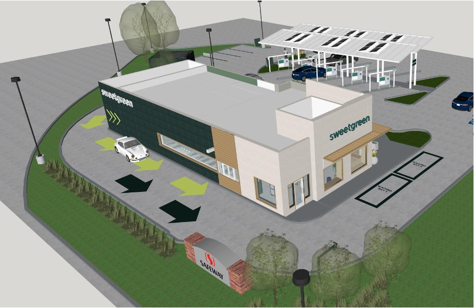 Rendering of a Sweetgreen drive-thru location, with pickup bays and directional signage