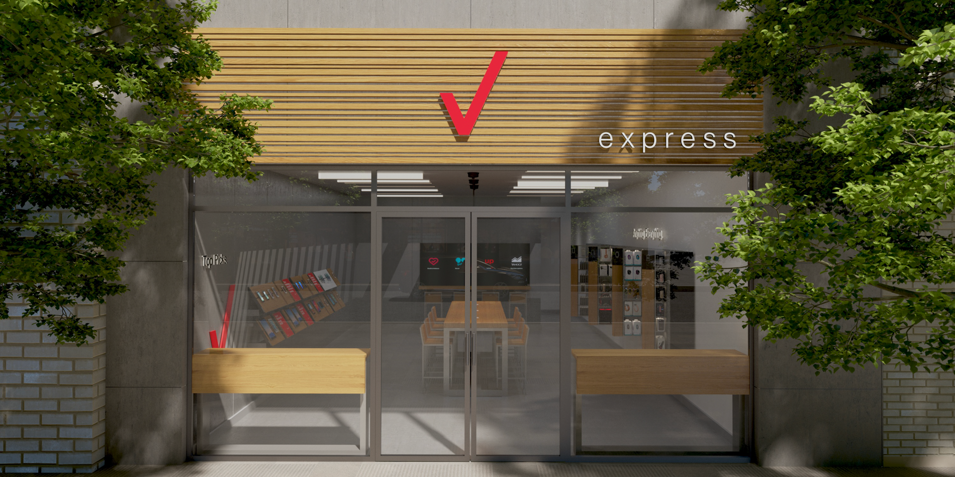 Exterior rendering of the Verizon Express storefront, with wood-slat signage and glass frontage