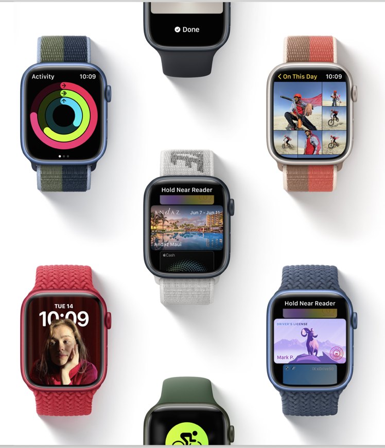 Apple Watch faces showing Activity, Photos, Wallet, and Workout