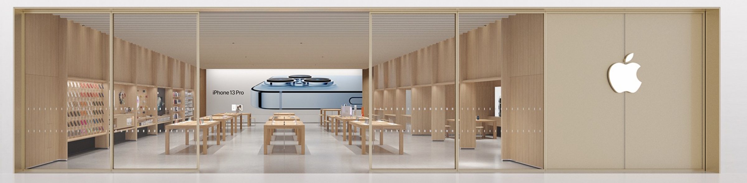 An Apple Store front, seen from the street