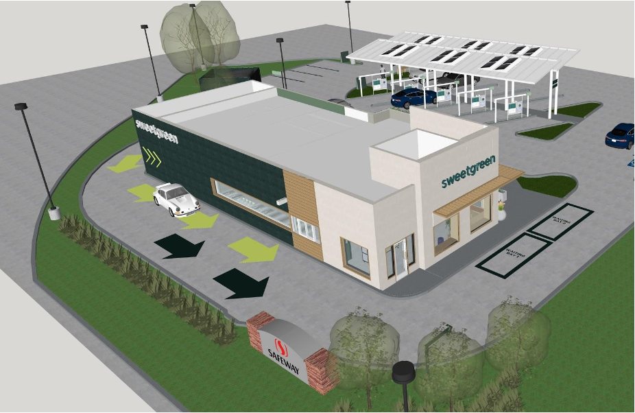 Rendering of a Sweetgreen drive-thru location, with pickup bays and directional arrows on the pavement