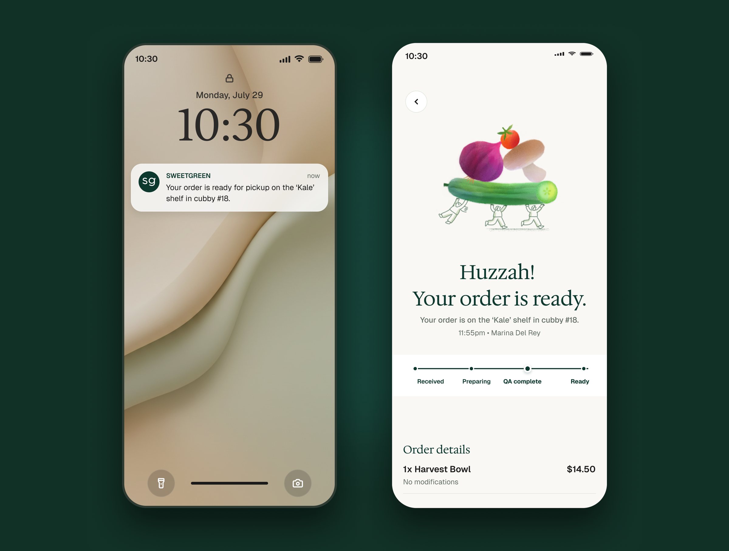 A lock-screen notification reading &lsquo;Your order is ready for pickup on the Kale shelf in cubby #18&rsquo;, next to the in-app order tracker