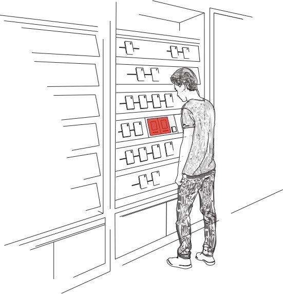 Sketch of a customer browsing at an Endless Aisle screen built into a shelf display
