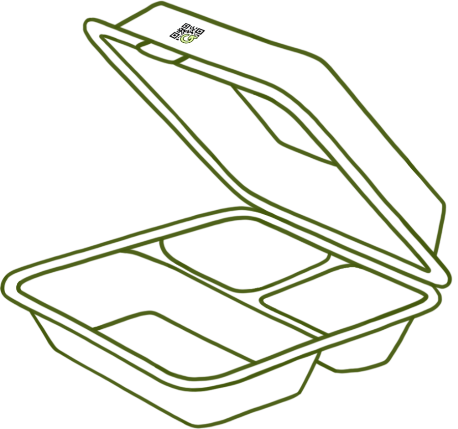 A ReusePass reusable container with a QR code on the lid