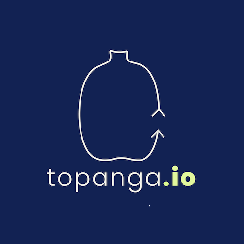 The first iteration of the Topanga logo: a white milk-jug outline with a looping arrow tail on a navy background, paired with the topanga.io wordmark