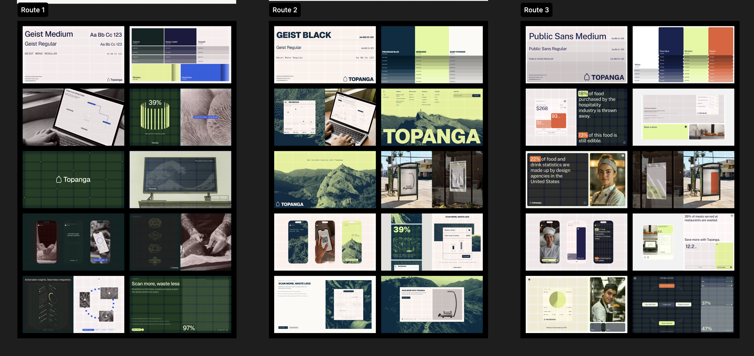 Three early brand direction routes explored with the agency, each showing typography, color palette, and applied mockups