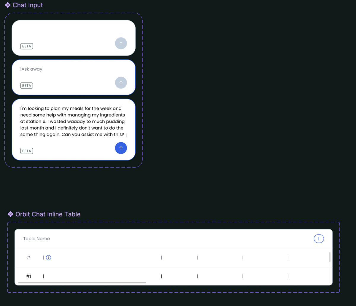 Component library entries for chat input states and an inline chat table, part of the toolkit's shared AI component set