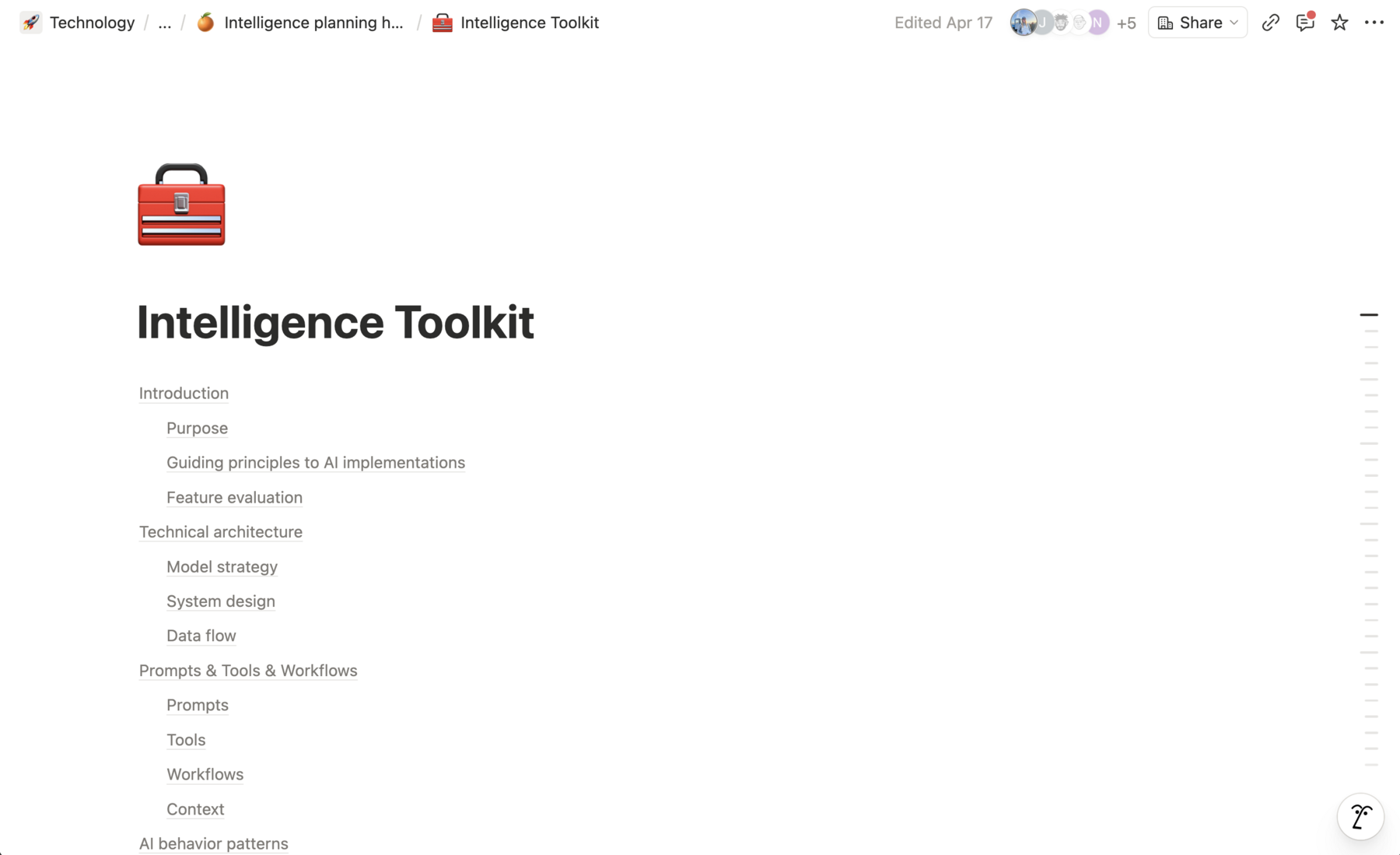 The table of contents for the Intelligence Toolkit, a living document covering AI implementation principles, technical architecture, and prompts, tools, and workflows