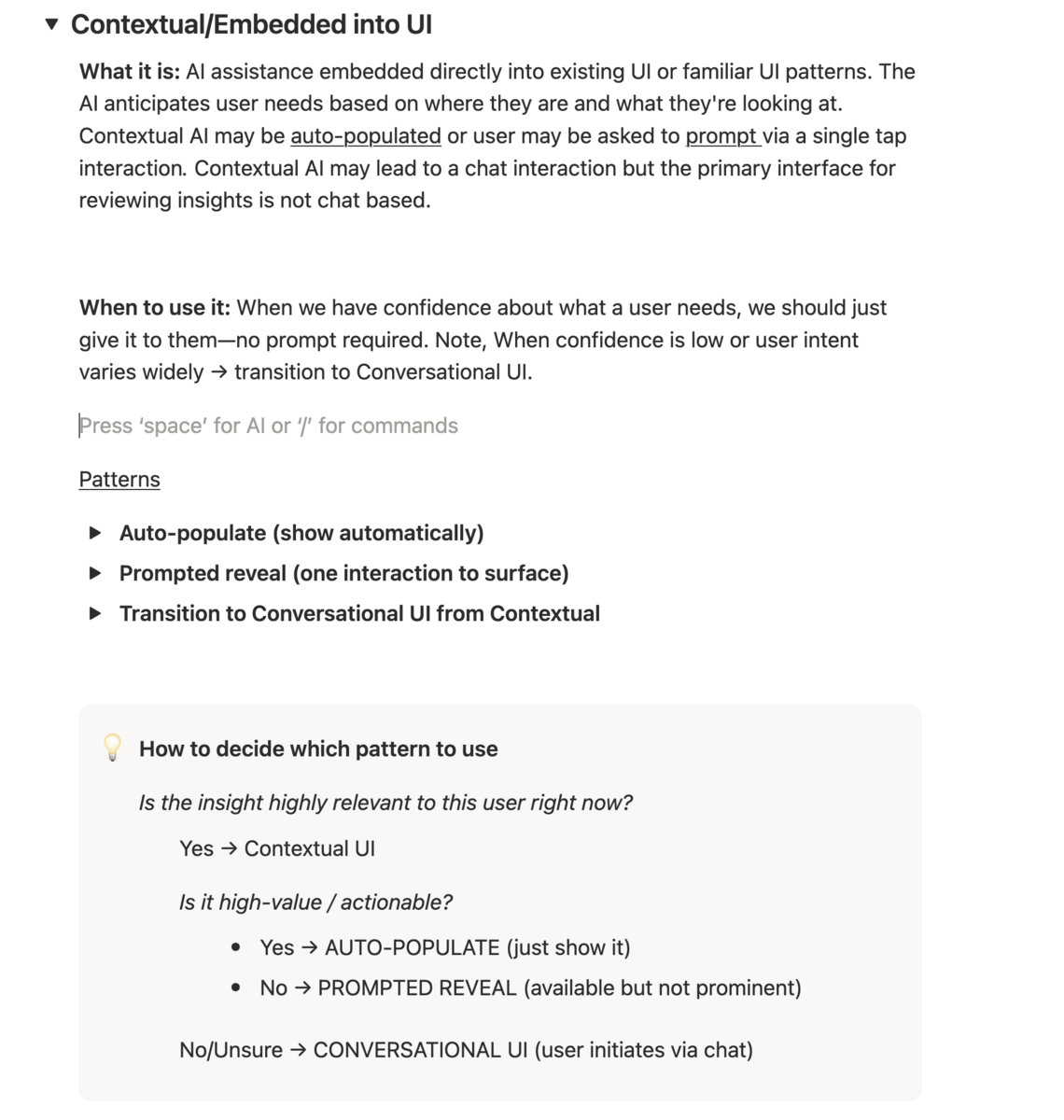 A page from the toolkit on the Contextual/Embedded into UI pattern, covering what it is, when to use it, and a decision tree for choosing between patterns