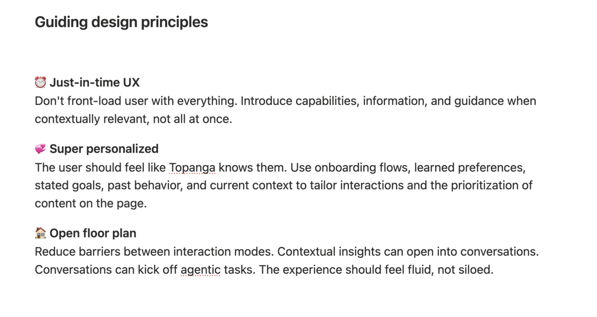 A toolkit page on guiding design principles: just-in-time UX, super personalized, and open floor plan