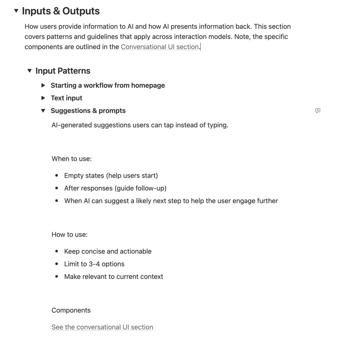 A toolkit page on input patterns, covering how a workflow can start from the homepage, a text input, or a suggested prompt, with guidance on when and how to use each