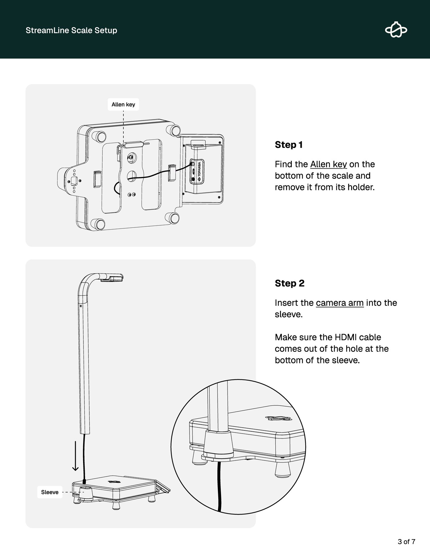A page from the StreamLine Scale Setup guide, illustrating how to find the Allen key and attach the camera arm