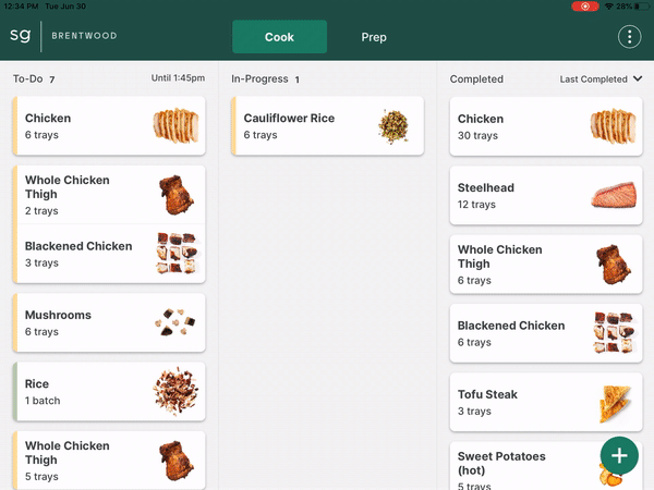 The Kanban-style cook board, showing a tray card being dragged from the to-do list into the in-progress column